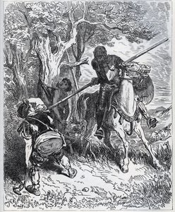 Don Quijote se postaví na stranu mladého komorníka – „U slunce, které nás obklopuje, nevím, kdo mi brání, abych prošel svou čepelí tělem“ – z „“ Don Quijote de la Mancha““ od Miguela Cervantese (1547- 1616) (Don Quijote) - Dřevoryt podle kresby Gusta od Gustave Dore