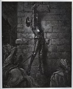 Don Quijote, uvězněný dcerou hostinského a Maritornes, zůstává zavěšen na okně. - z „Don Quijote de la Mancha“ od Miguela Cervantese (1547-1616) (Don Quijote) - Dřevoryt podle kresby Gustava Dore od Gustave Dore