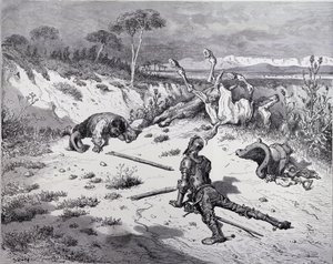 Moralizování Dona Quijota o nevděku z knihy "Don Quijote de la Mancha" od Miguela Cervantese (1547-1616), vyryl Heliodore Joseph Pisan (1822-90), asi 1868. od Gustave Dore
