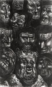 Jedenáct groteskních tváří z „Les Contes Drolatiques“ od Honore de Balzac (1799-1850) vyryté Predhomme od Gustave Dore