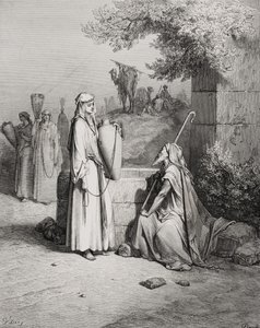 Eliezer a Rebeka, Genesis 24:15-21, ilustrace z Doreovy „Svaté bible“, vyryté Piaudem, 1866 od Gustave Dore
