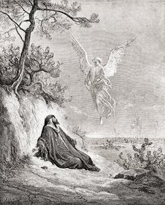 Eliáš živený andělem. Po díle z Bible od Gustava Dorea. Ze života a vzpomínek Gustava Dorea, publikoval 1885. od Gustave Dore