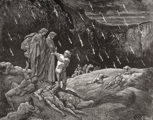 Rytina Gustava Doreho 1832-1883 Francouzský malíř a ilustrátor pro Inferno od Dante Alighieriho, XV. díl, řádky 28 a 29 od Gustave Dore