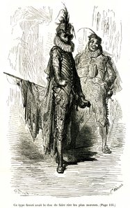 Rytina Gustava Doreho ilustrující román Theophila Gautiera "Kapitán Fracasse". Charpentierovo vydání 1863. Dva komedianti (herci commedie dell