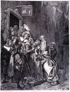 Vstupte do tohoto hostince, deska IV - Ilustrace Gustave Dore (1832-1883), pro putování La legende du Jeif od Pierra Duponta, edice Librairie du magasin malebná, Paříž 1862 od Gustave Dore