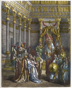 Ester omdlí před perským králem Assuerem 1. (Xerxes 1.) - Královna Ester omdlí před králem Ahasverem - - rytina v „The Bible illustree“ od Gustava Dore (1832-1883) - Rytina z „“ The Dore Bible““ od Gustave Dore
