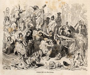 Svátky svatého Jiří, patrona města Alcoy, skica vytvořená na živém Gustave Dore (1832-1883), aby ilustrovala jeho cestu do Španělska v roce 1862 s Ch. Davillier. Rytina v „“Le tour du monde““, editoval Edouard Charton od Gustave Dore