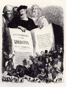 Frontispice vydání z roku 1854 - Ve společnosti starých i moderních spisovatelů představuje Rabelais svůj druhý román - ilustrace z 