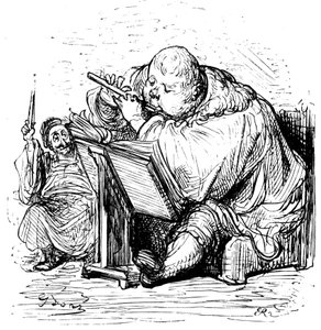 Gargantuovo vzdělání: mladý pán se učí hrát na flétnu u svého učitele hudby. Rytina Gustava Doreho ilustrující Rabelaisovo dílo. od Gustave Dore