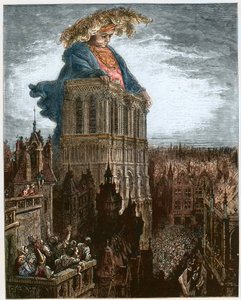 Gargantua na věžích Notre-Dame v Paříži - Gargantua spočívající na věžích kostela Notre-Dame v Paříži - ilustrace z 