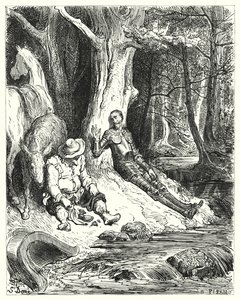 Don Quijote Gustava Dorea: „Čistá fontána, kterou Don Quijote a Sancho našli mezi některými zelenými stromy, sloužila k jejich osvěžení“ (rytina) od Gustave Dore