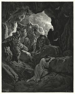 Don Quijote Gustava Dorea: „Je vyslána parta s důstojníky...kteří najdou chudáka Leandru v jeskyni jedné z hor“ (rytina) od Gustave Dore