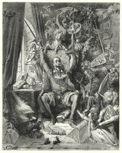 Don Quijote Gustava Dorea: „Svět neuspořádaných představ, vybraných z jeho knih, nacpaných do jeho představivosti“ (rytina) od Gustave Dore