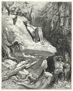 Don Quijote Gustava Dorea: "Běda!" odpověděl Sancho: "Našel jsem ho v košili, štíhlého, bledého a téměř vyhladovělého, vzdychajícího pro svou lady Dulcineu" (rytina) od Gustave Dore