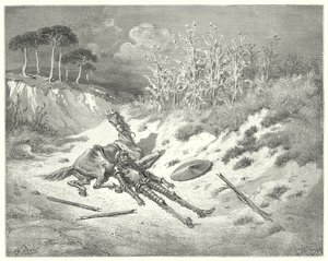 Don Quijote Gustava Dorea: "Běda, kde jsi, drahá paní, že pro mou bědu nesténáš?" (rytina) od Gustave Dore