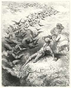 Don Quijote od Gustava Dorea: „Nekonečné množství přerostlých vran a vran se řítilo a třepotalo se z jeskyně“ (rytina) od Gustave Dore