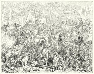 Don Quijote Gustava Dorea: „Příjezd Dona Quijota na svatbu Camacha a Quiterie“ (rytina) od Gustave Dore