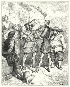 Don Quijote Gustava Dorea: „Při těchto slovech stál Don Quijote ohromen“ (rytina) od Gustave Dore
