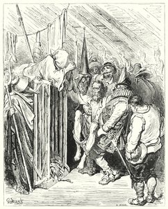 Don Quijote Gustava Dorea: „Nebuď netrpělivý, ó rytíři strašidelné postavy, ve svém uvěznění“ (rytina) od Gustave Dore
