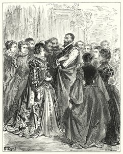 Don Quijote Gustava Dorea: „Manželka dona Antonia pozvala několik svých přátel na ples, aby uctila svého hosta“ (rytina) od Gustave Dore
