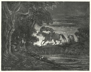 Don Quijote Gustava Dorea: „Don Quijote, doprovázený svým neohroženým srdcem, skočil na Rozinante“ (rytina) od Gustave Dore