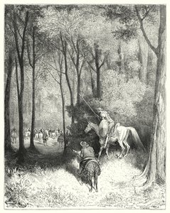 Don Quijote Gustava Dorea: „Don Quijote popsal společnost, kterou při bližším pohledu považoval za osoby kvality“ (rytina) od Gustave Dore
