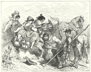 Don Quijote Gustava Dorea: „Don Quijote hleděl pochybnýma a bezútěšnýma očima na stvoření, kterému Sancho říkal královna a dáma“ (rytina) od Gustave Dore