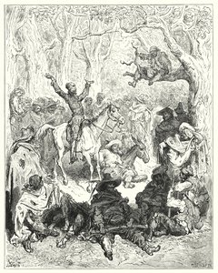 Don Quijote Gustava Dorea: „Don Quijote, nasedl na Rozinante, velmi hojně protestoval proti jejich způsobu života“ (rytina) od Gustave Dore