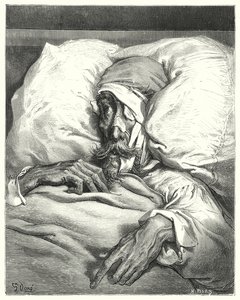 Don Quijote Gustava Dorea: „Don Quijote, takto nešťastně zraněný, byl extrémně zasmušilý a melancholický“ (rytina) od Gustave Dore