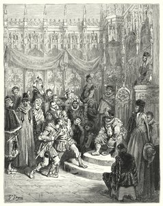 Don Quijote Gustava Dorea: „Guvernér Sancho Panza vykonávající spravedlnost“ (rytina) od Gustave Dore