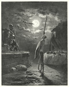 Don Quijote Gustava Dorea: „Začal chodit u koňského žlabu s půvabným chováním“ (rytina) od Gustave Dore