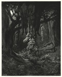 Don Quijote Gustava Dorea: „Zavolal na Dona Quijota o pomoc“ (rytina) od Gustave Dore