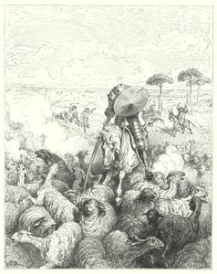 Don Quijote Gustava Dorea: „Zaútočil na eskadru ovcí“ (rytina) od Gustave Dore