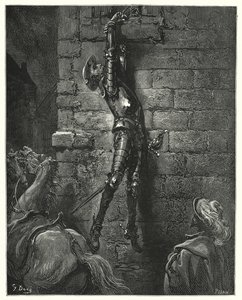 Don Quijote Gustava Dorea: „Nevyhnutelně spadl na zem, pokud jeho zápěstí nebylo bezpečně připevněno k provazu“ (rytina) od Gustave Dore