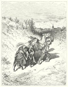 Don Quijote Gustava Dorea: „Všechny je vedl směrem k vesnici a sám se vlekl stopu, velmi zamyšlený“ (rytina) od Gustave Dore