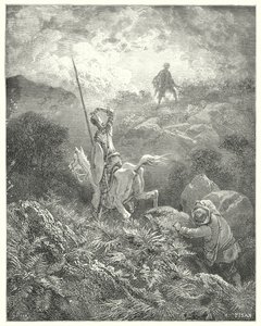 Don Quijote Gustava Dorea: „Spatřil na vrcholu kamenité skály těsně před sebou muže, který s úžasnou hbitostí skákal ze skály na skálu“ (rytina) od Gustave Dore