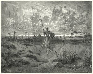 Don Quijote Gustava Dorea: „Téměř celý ten den cestoval“ (rytina) od Gustave Dore