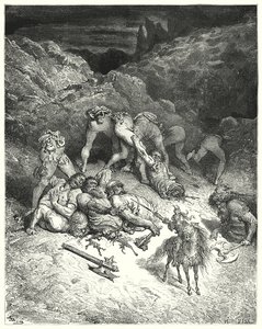 Don Quijote Gustava Dorea: „Jak Felixmarte uprostřed odřízl pět obrů“ (rytina) od Gustave Dore