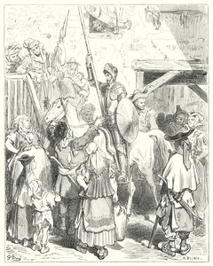 Don Quijote Gustava Dorea: „S tím vším nemám nic společného,“ zvolal hostinský; "zaplaťte za sebe" (rytina) od Gustave Dore