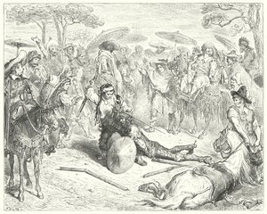 Don Quijote Gustava Dorea: „Navzdory jeho pažím ho mlátil jako pšeničný snop“ (rytina) od Gustave Dore