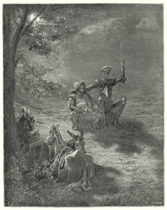 Don Quijote Gustava Dorea: „Při takových rozpravách strávili velkou část noci“ (rytina) od Gustave Dore