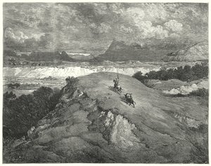 Don Quijote Gustava Dorea: „Byla noc, než se naši dva cestovatelé dostali do nejpouštnější části hory“ (rytina) od Gustave Dore