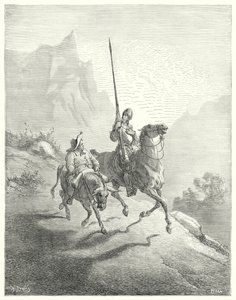 Don Quijote Gustava Dorea: „Bylo ještě časné ráno, v tu dobu nebyly sluneční paprsky tak urážlivé“ (rytina) od Gustave Dore