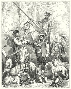 Don Quijote Gustava Dorea: „Udělejte si posun, abyste s tím zůstali v žaludku, dokud nebude večeře hotová“ (rytina) od Gustave Dore