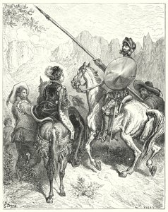 Don Quijote Gustava Dorea: „Nyní, paní,“ řekl don Quijote, „dovolte mi požádat vaši velikost, abyste mi řekli, kterou cestou musíme jít, abychom vám prokázali službu“ (rytina) od Gustave Dore