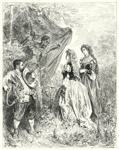 Don Quijote Gustava Dorea: „Nyní, pane, pokud nám prosím dopřejte svou společnost, budete velmi vítáni“ (rytina) od Gustave Dore