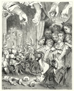 Don Quijote Gustava Dorea: „Pozorujte, jak se z města valí obrovská společnost třpytivých koní, aby pronásledovala křesťanské milence“ (rytina) od Gustave Dore