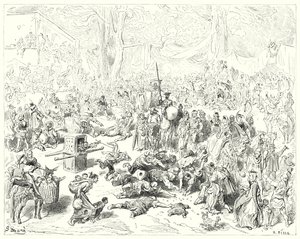 Don Quijote Gustava Dorea: „Chudák Sancho následoval svého pána s těžkým srdcem“ (rytina) od Gustave Dore
