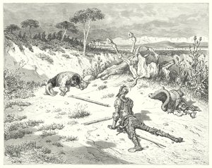 Don Quijote Gustava Dorea: „Sancho, vždycky jsem to slyšel říkat, že dělat laskavost klaunům je jako házet vodu do moře“ (rytina) od Gustave Dore