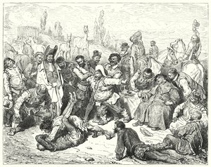 Don Quijote Gustava Dorea: „Samotný Sancho Panza byl naštvaný, utrápený k smrti a běsnil jako blázen“ (rytina) od Gustave Dore
